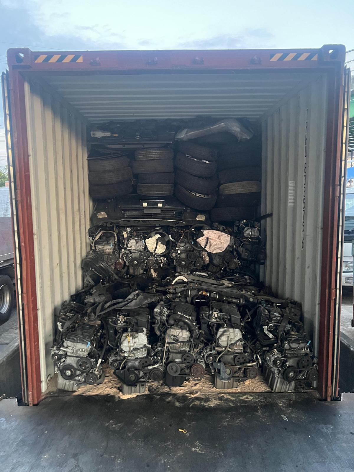 Tire stack above engine wall, full container height