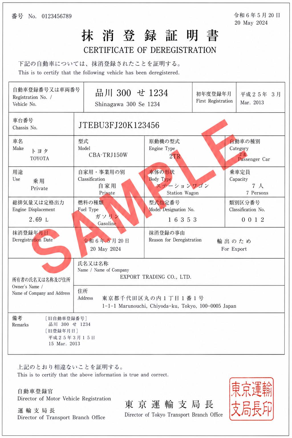 Export Certificate (Deregistration), sample