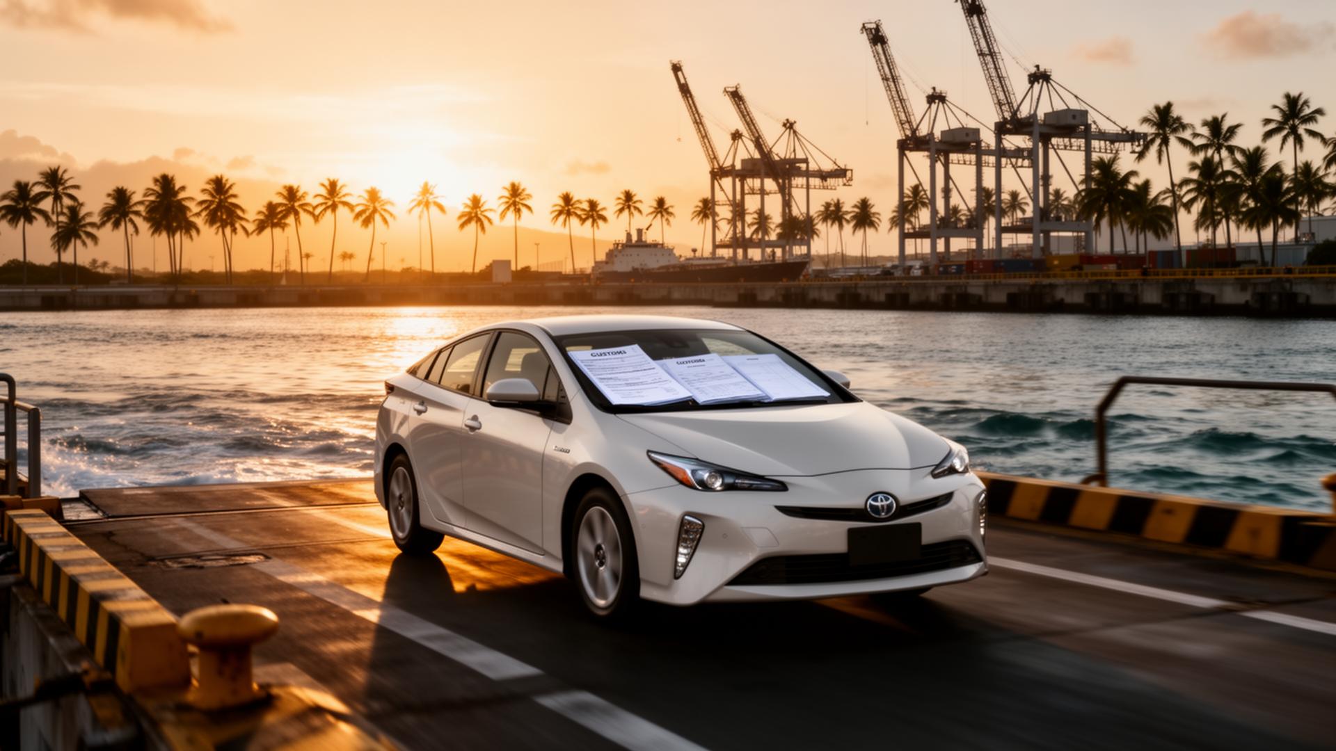 Imported Japanese car arriving at destination port at sunrise