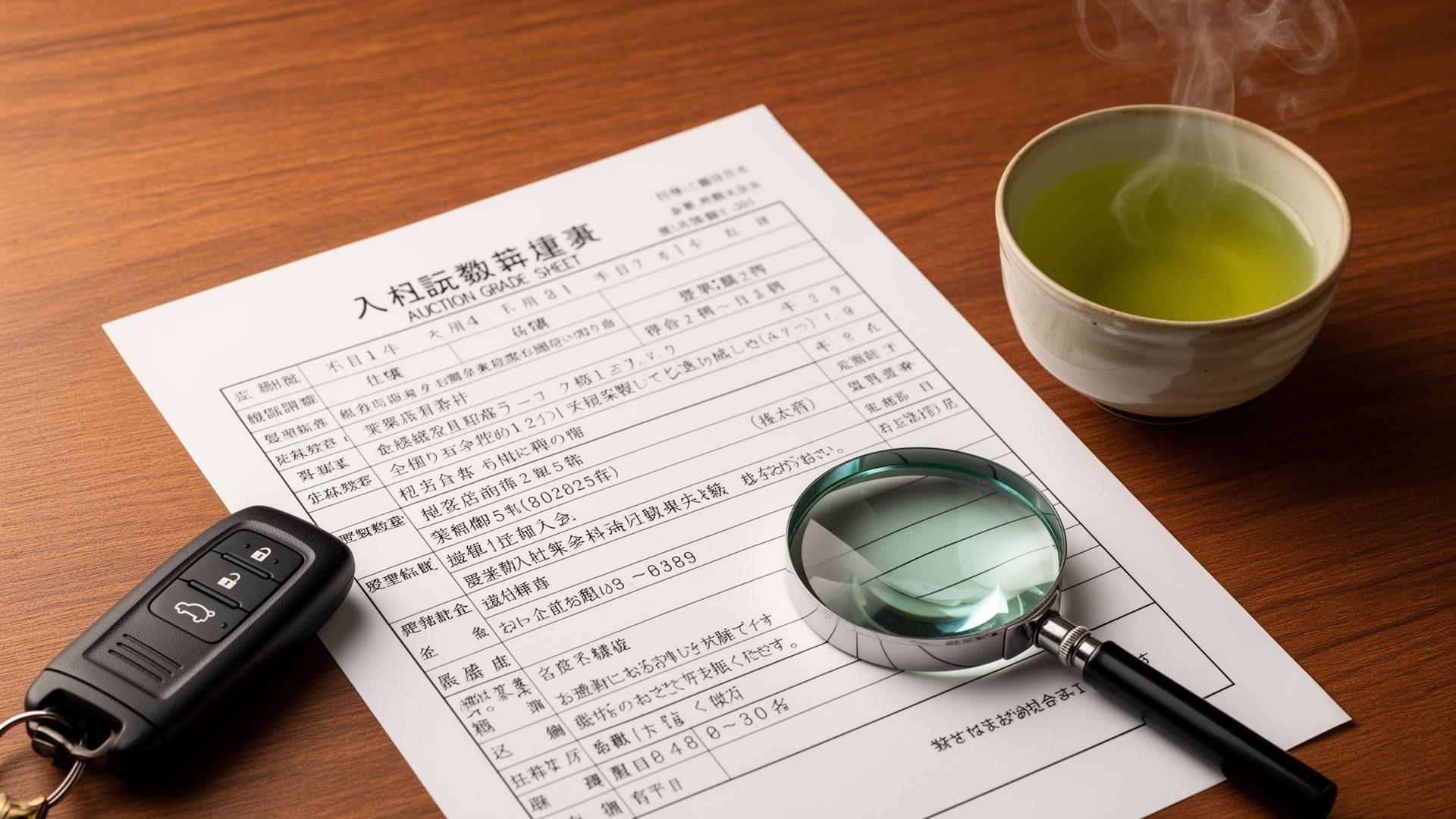 Japanese auction grade sheet with car key, magnifier and green tea