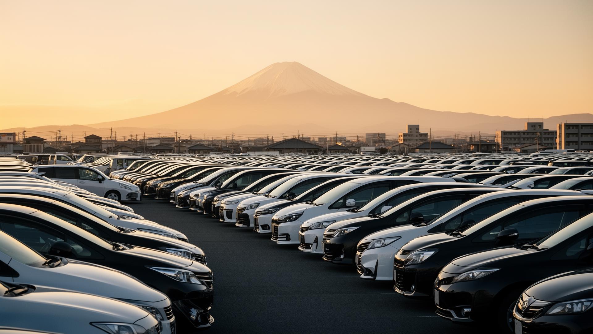 Rows of Japanese used cars at a port yard at sunset with Mount Fuji