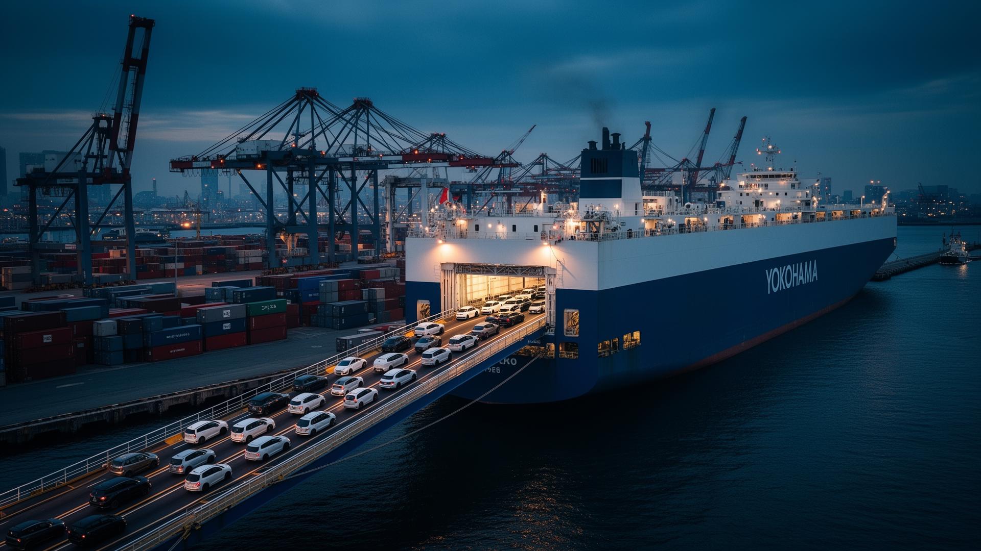 RoRo car carrier vessel loading vehicles at Yokohama port