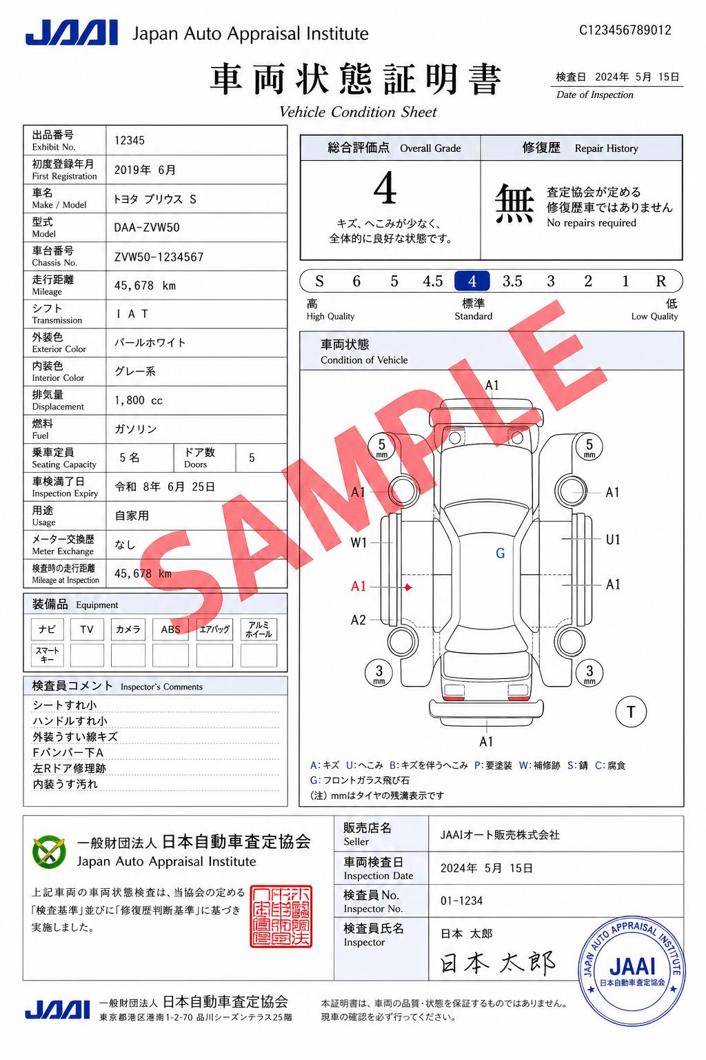 JAAI Auction Inspection Sheet, sample