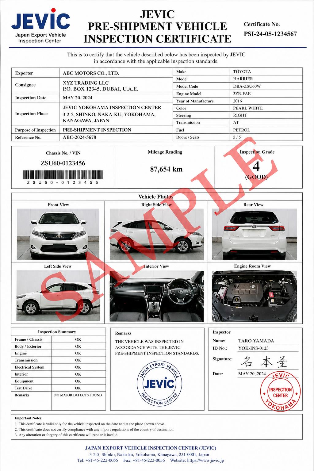 JEVIC Pre-Shipment Inspection, sample