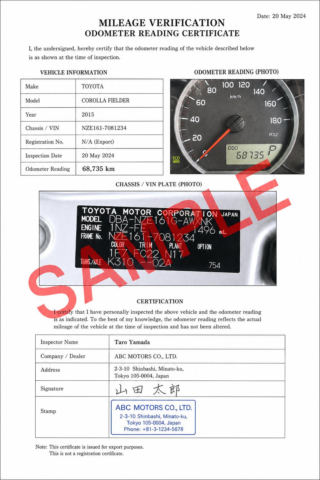 Mileage Verification Record, sample